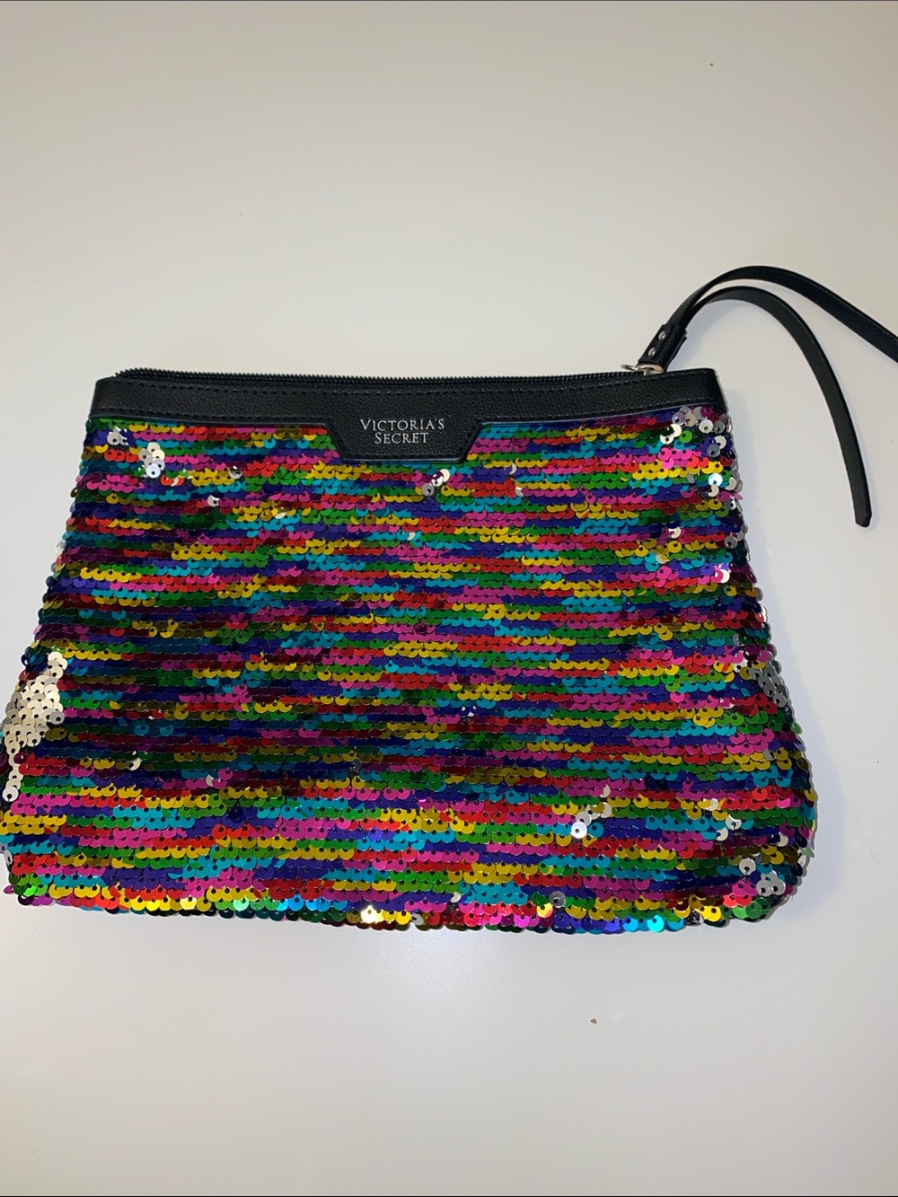 Victoria’s Secret Sequin Cosmetic Bag Travel Pouch Faux Leather Trim Multicolor